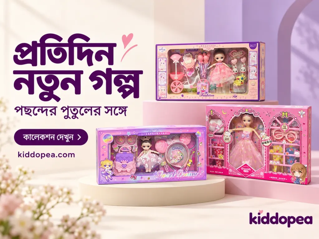 Kiddopea banner: three doll gift sets on pastel stands, with Bengali text “A new story every day, with a favourite doll” and a See the collection button.