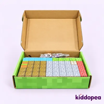 The Build World box open, with rows of magnetic block cubes inside.