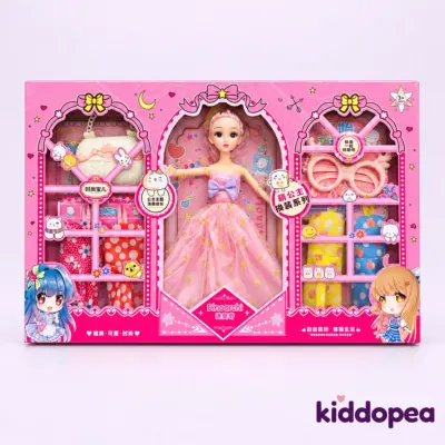 Princess Dress-Up Doll Gift Set: a doll in a long pink gown in the pink box, dress-up pieces either side.