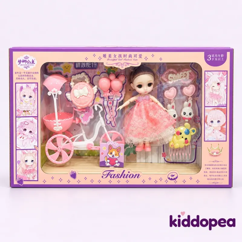 Doll & Tricycle Playtime Gift Set box: a doll in a pink dress beside a toy tricycle and bunny friends.