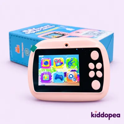 Close view of the pink DIY instant camera and its screen.