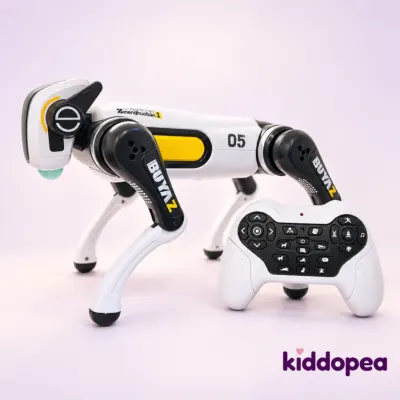 Robot Dog D5 from the side, with its remote control.