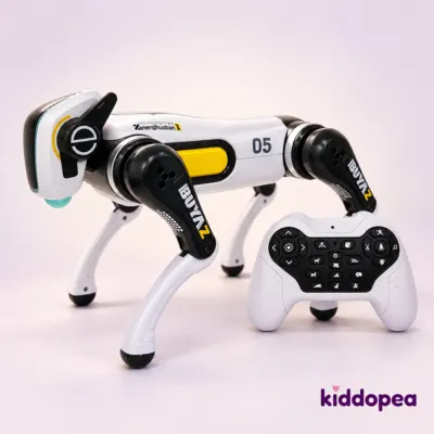 Robot Dog D5, white and black with a yellow panel, and its remote control.