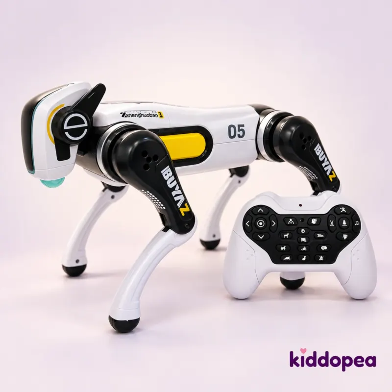 Robot Dog D5, white and black with a yellow panel, and its remote control.
