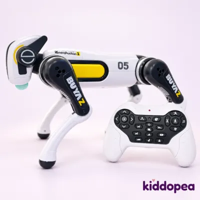 Robot Dog D5 standing beside its remote control handset.