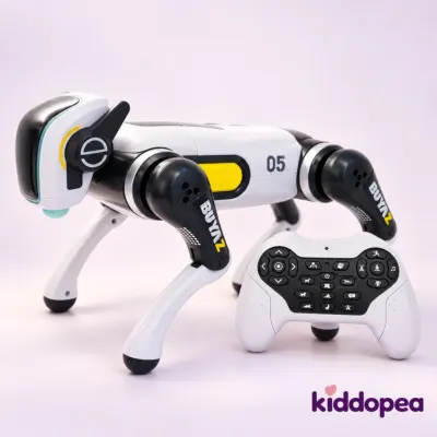 Robot Dog D5 up close, with its remote control.
