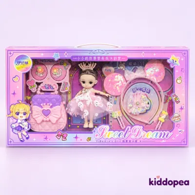 Sweet Dream Doll & Hair Accessory Gift Set box: a doll, a heart bag, hair clips and a headband.