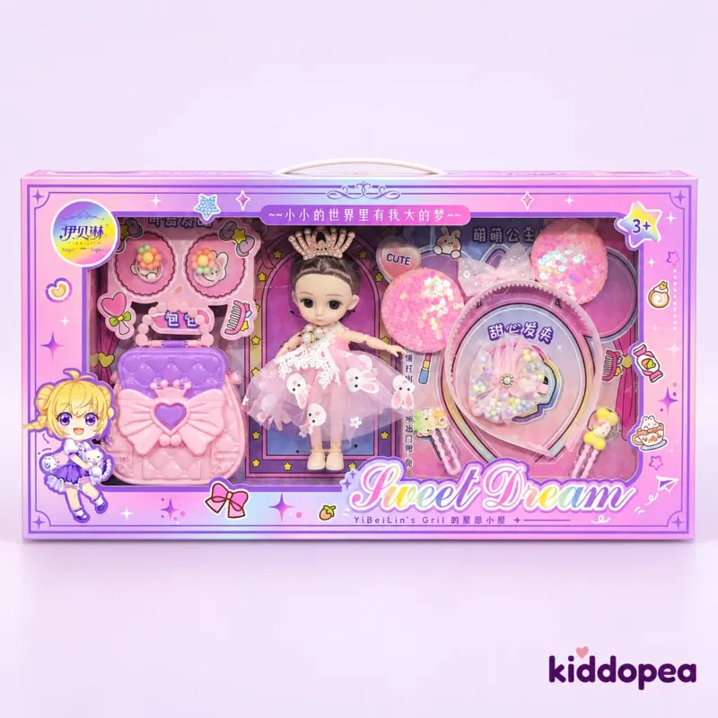 Sweet Dream Doll & Hair Accessory Gift Set box: a doll, a heart bag, hair clips and a headband.