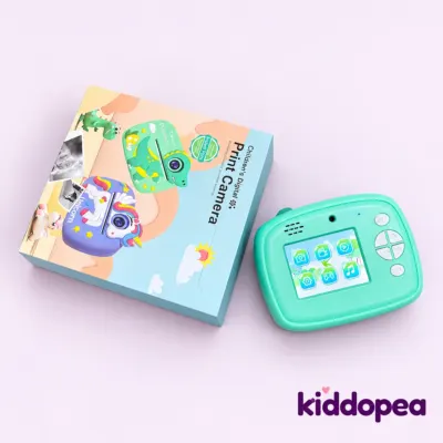 Turquoise print camera and its box.
