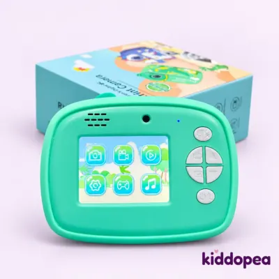 Close view of the turquoise print camera's screen and buttons.